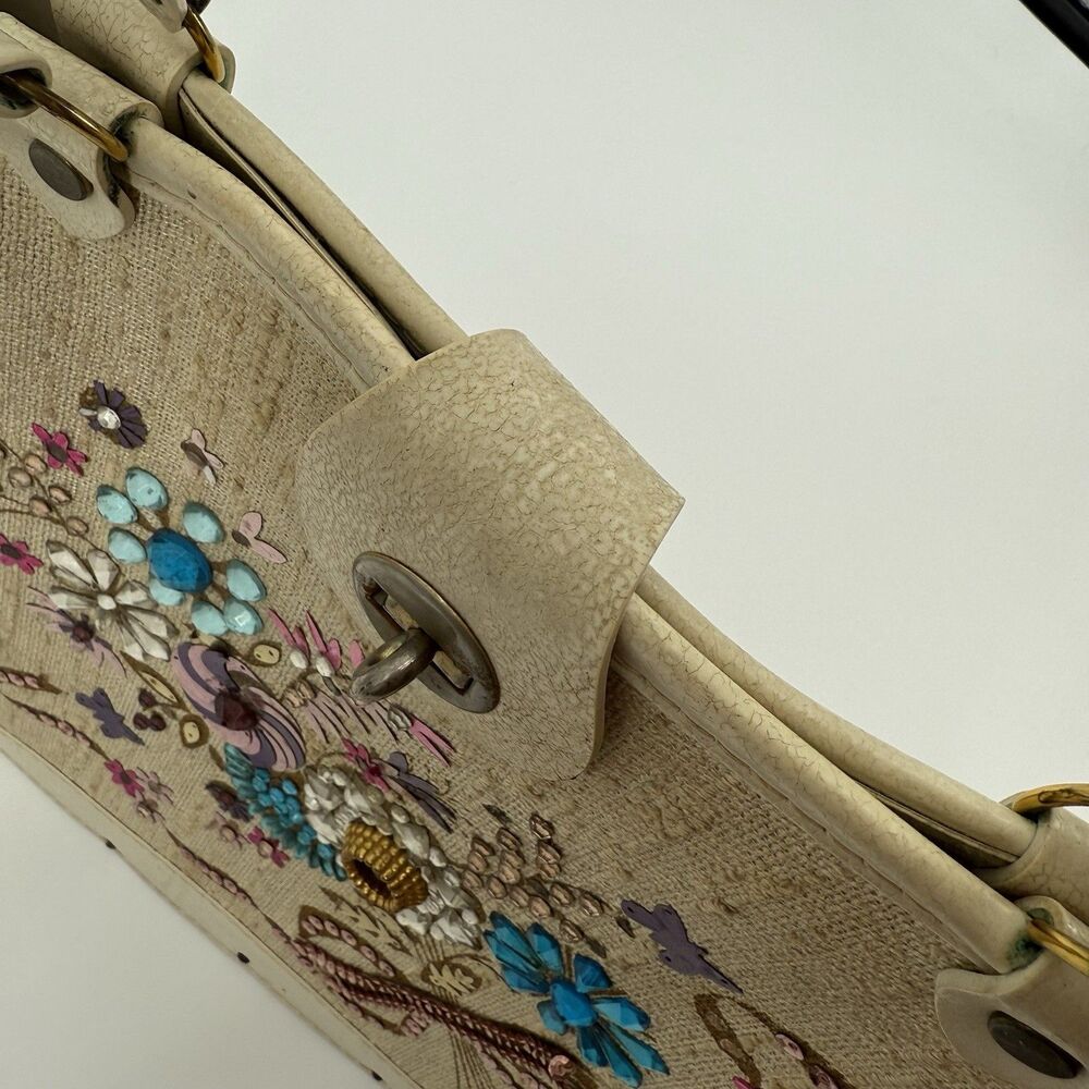Vintage 60s Jewel Tone Wood Tote Handbag Collins Style Purse Floral Bucket - Picture 9 of 13